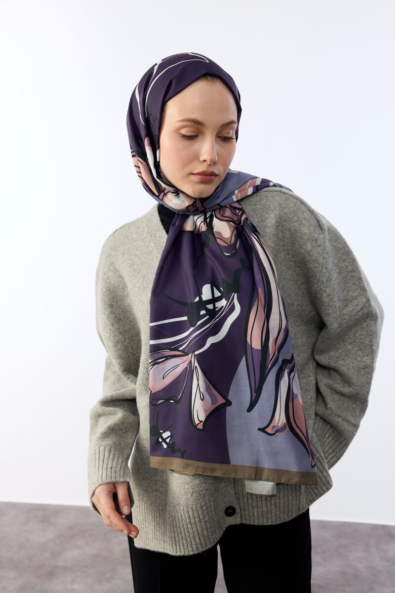 Watercolor Desen Soft Şal - Haki Lila - 3