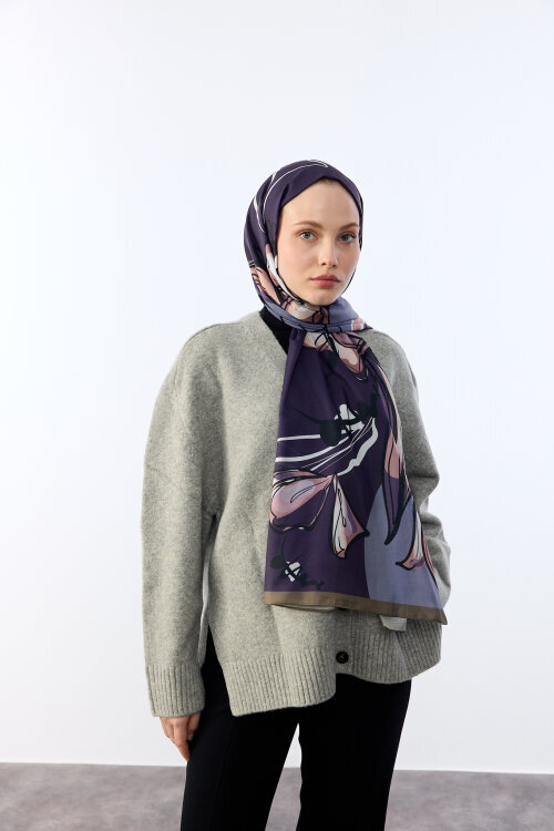 Watercolor Desen Soft Şal - Haki Lila - Camellia Scarfs