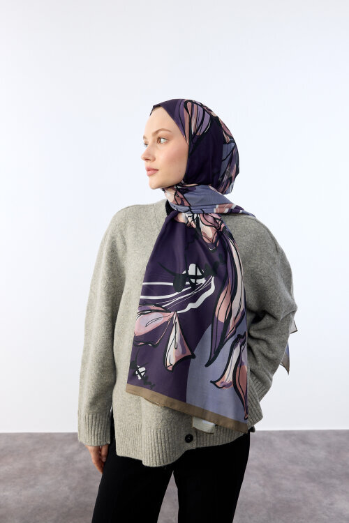 Watercolor Desen Soft Şal - Haki Lila - Camellia Scarfs (1)