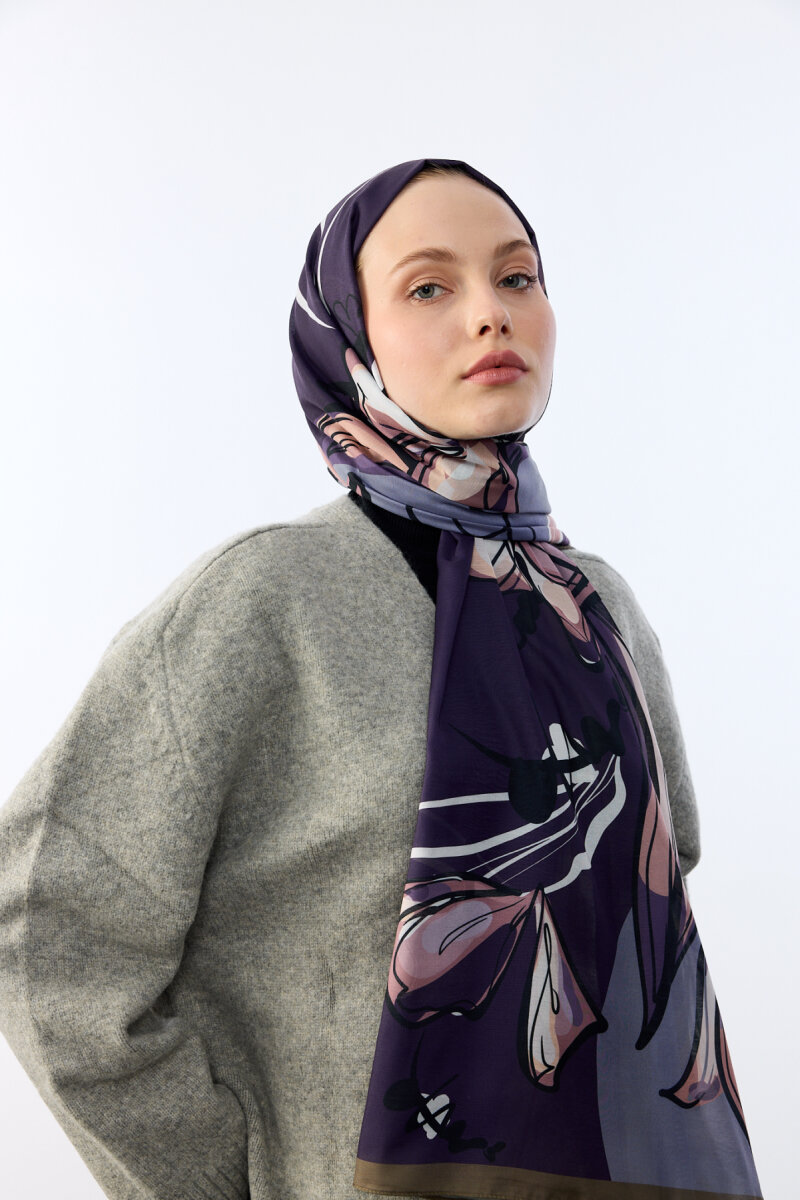 Watercolor Desen Soft Şal - Haki Lila - 4