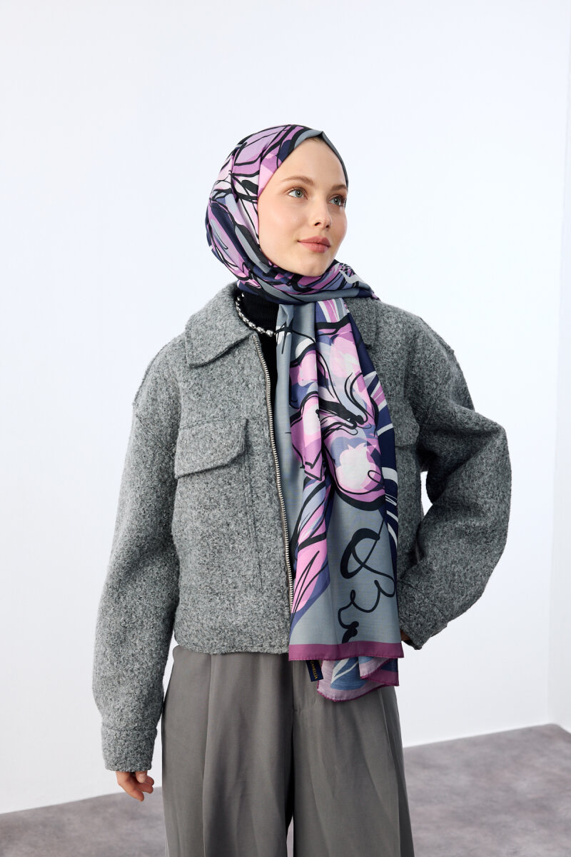Watercolor Desen Soft Şal - Mor Gri - 2