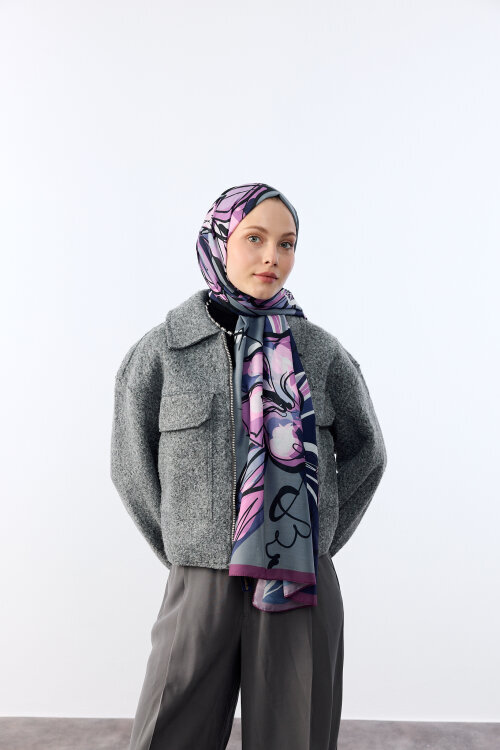 Watercolor Desen Soft Şal - Mor Gri - Camellia Scarfs