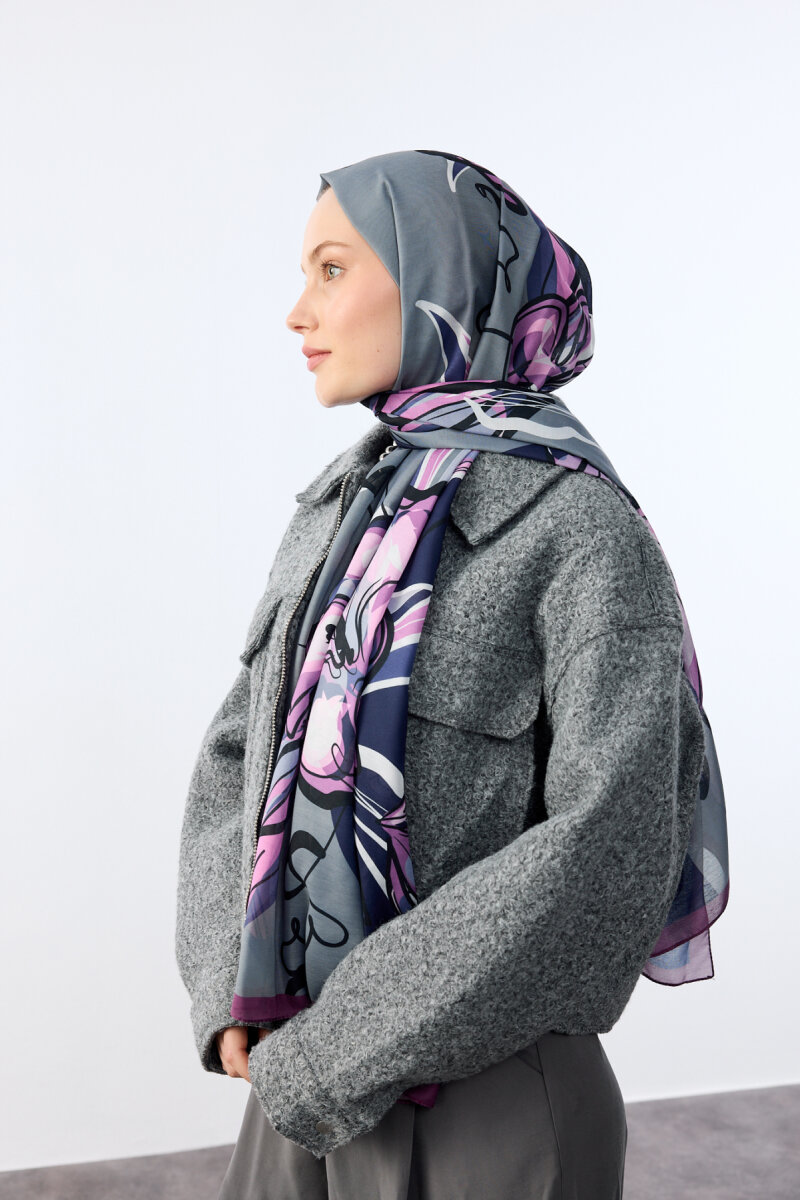 Watercolor Desen Soft Şal - Mor Gri - 3
