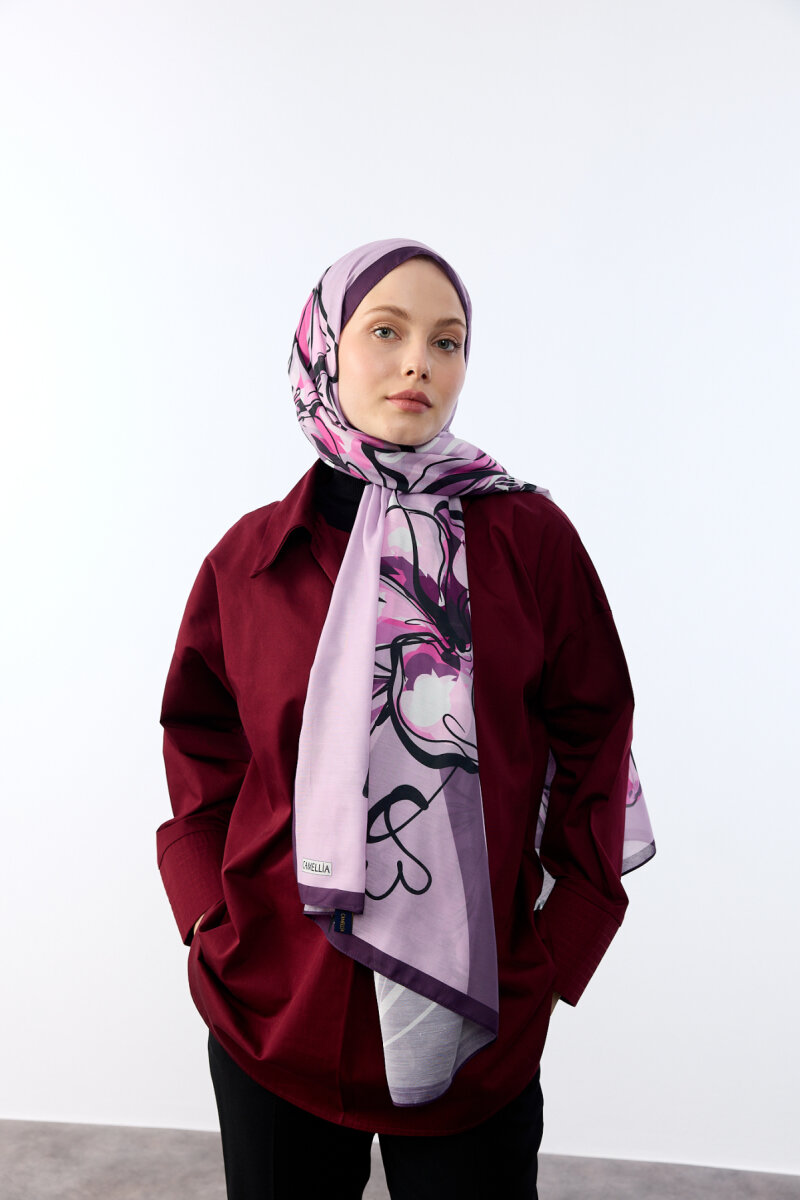 Watercolor Desen Soft Şal - Mor - 1