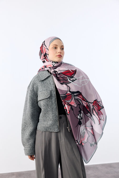Watercolor Desen Soft Şal - Pembe Gri - Camellia Scarfs