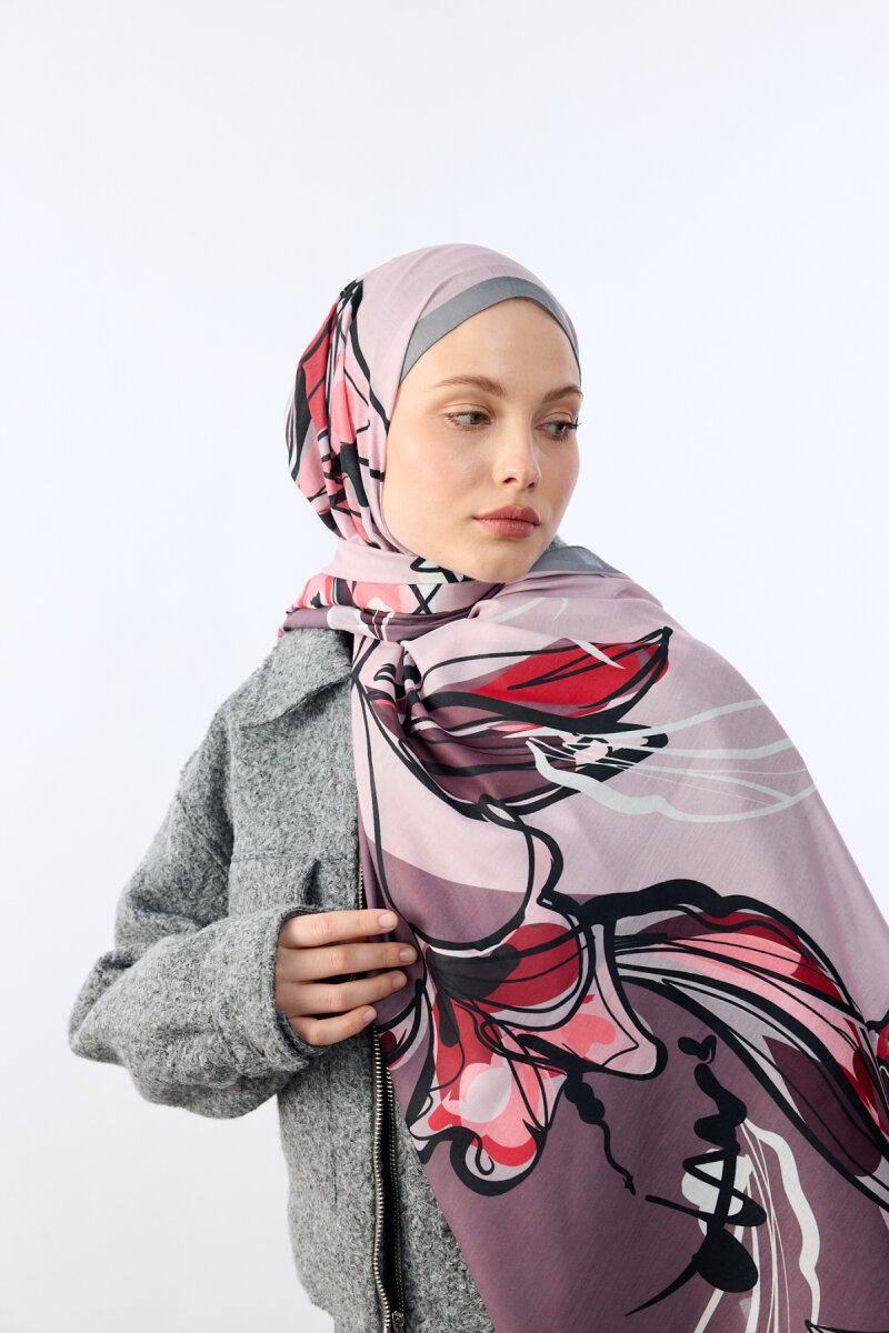 Watercolor Desen Soft Şal - Pembe Gri - 3