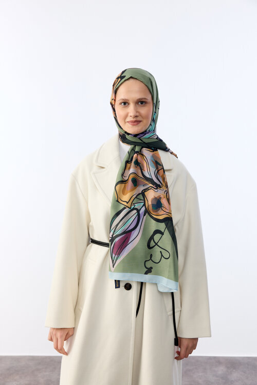 Watercolor Desen Soft Şal - Yeşil Mavi - Camellia Scarfs