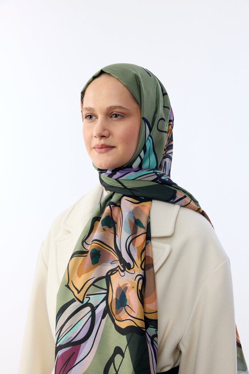 Watercolor Desen Soft Şal - Yeşil Mavi - 3