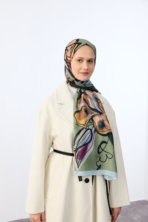 Watercolor Desen Soft Şal - Yeşil Mavi - Camellia Scarfs (1)