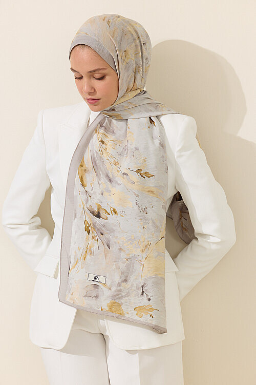 Watercolor Pamuk Viskon Şal - Gri Sarı - Camellia Scarfs (1)