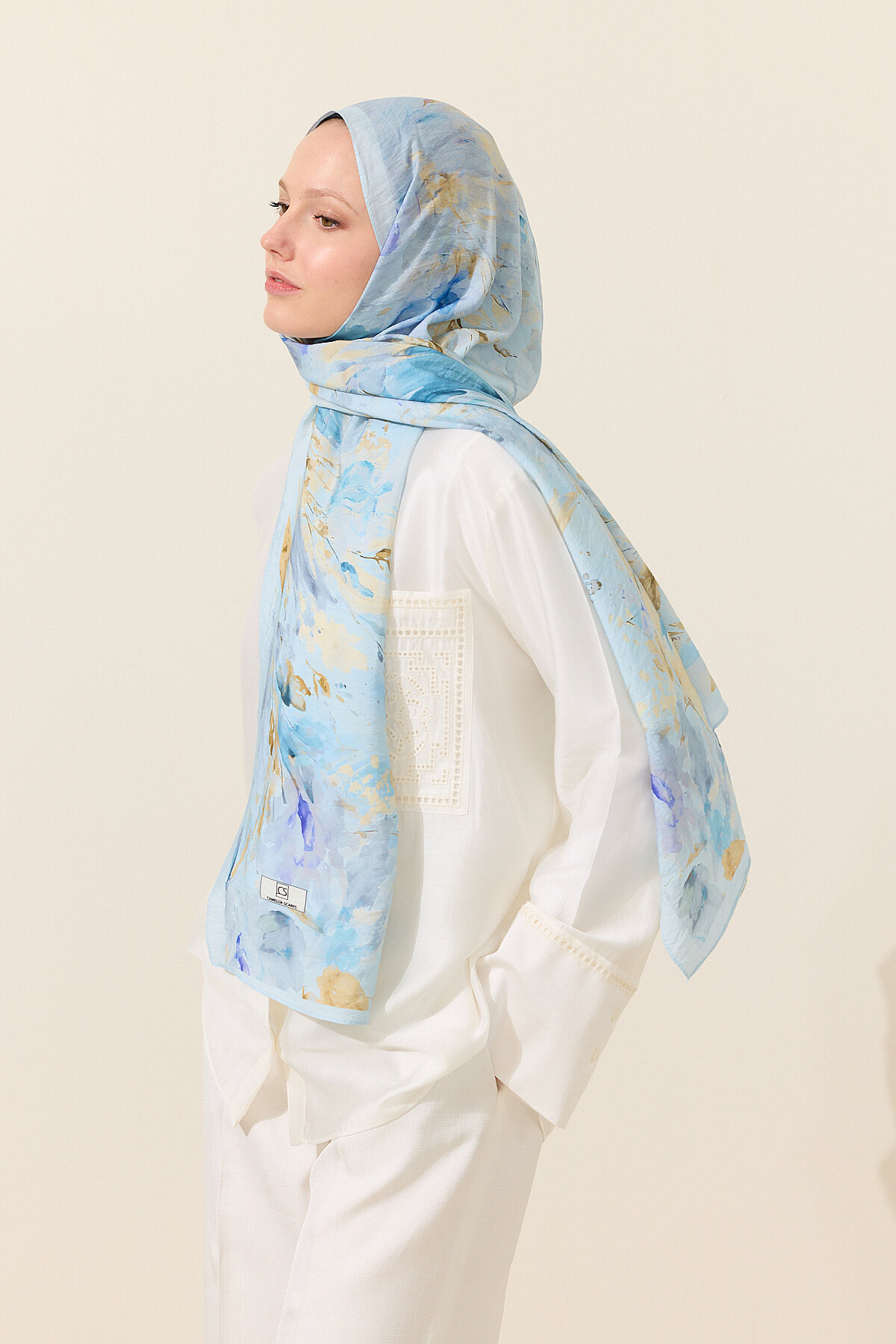 Watercolor Pamuk Viskon Şal - Mavi - Camellia Scarfs (1)