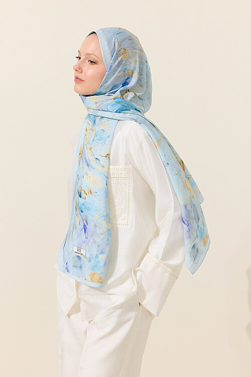 Watercolor Pamuk Viskon Şal - Mavi - Camellia Scarfs (1)