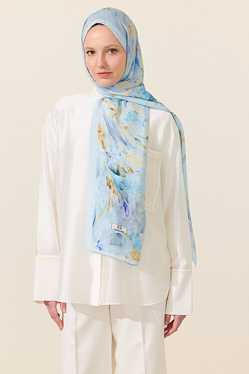 Watercolor Pamuk Viskon Şal - Mavi - Camellia Scarfs