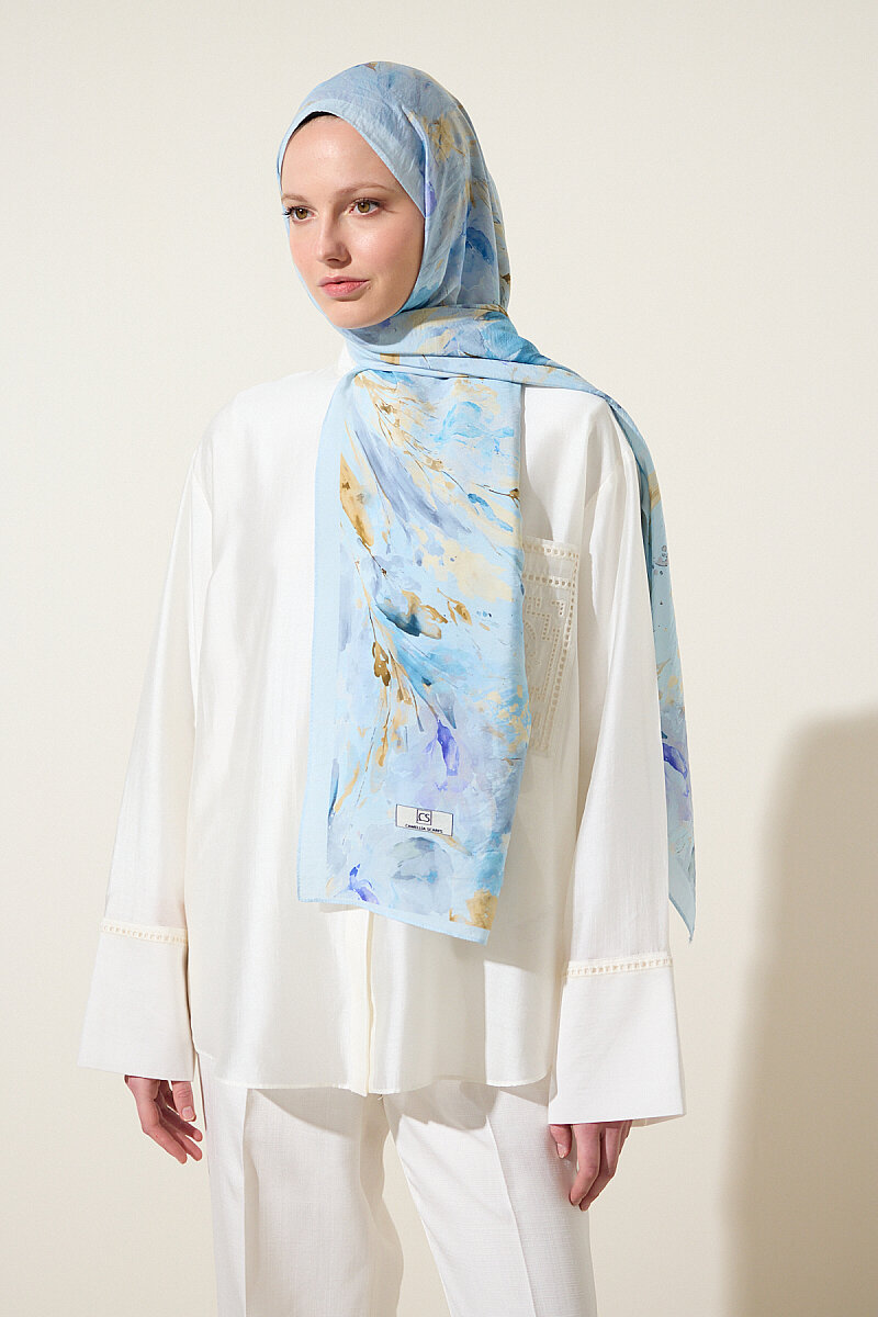 Watercolor Pamuk Viskon Şal - Mavi - 3