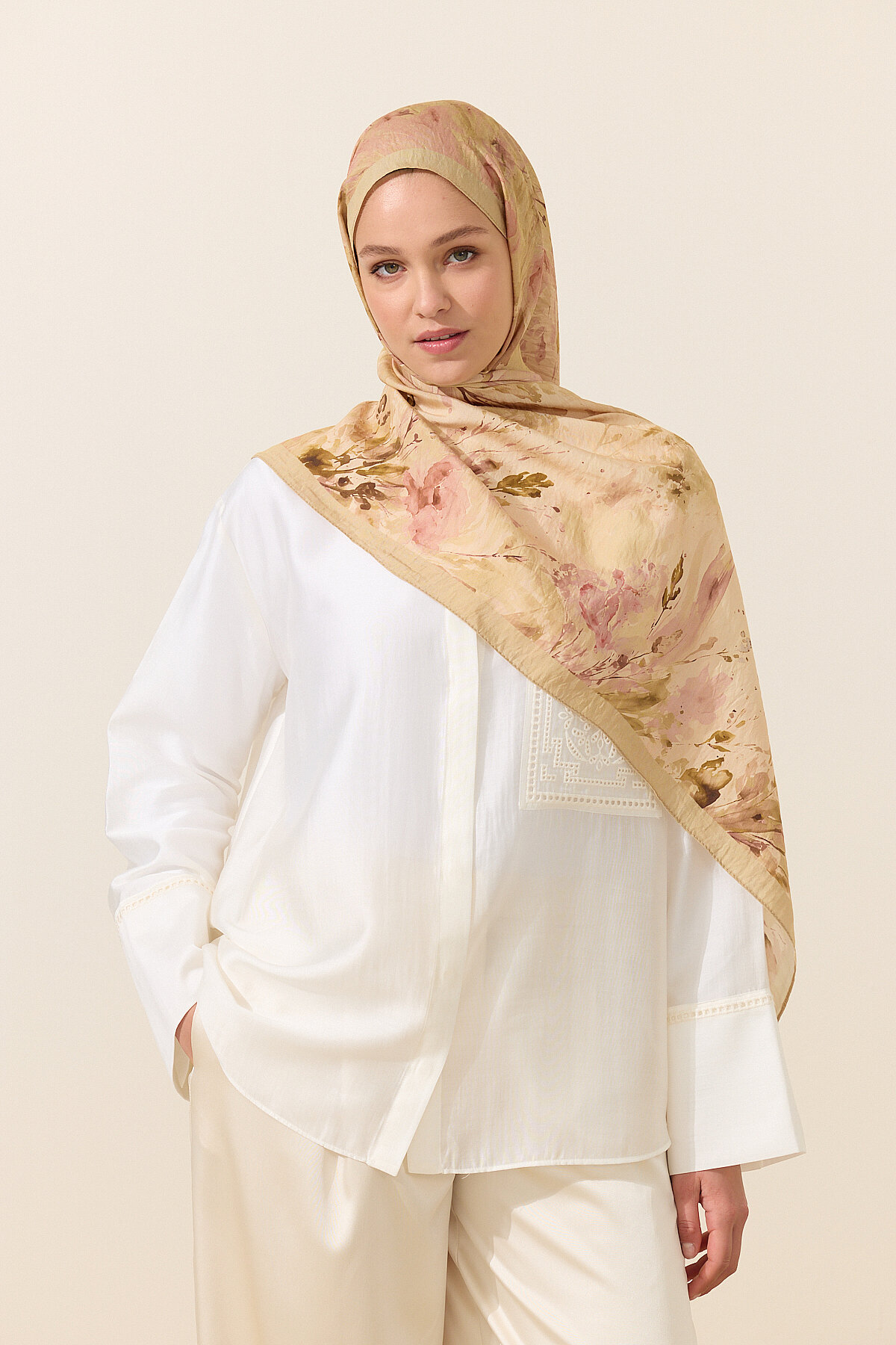 Watercolor Pamuk Viskon Şal - Pembe Sarı - Camellia Scarfs (1)