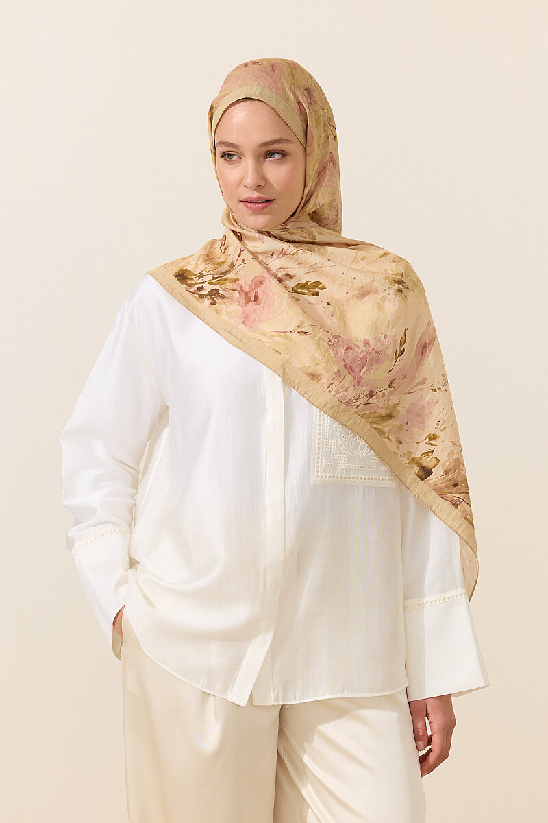 Watercolor Pamuk Viskon Şal - Pembe Sarı - 3