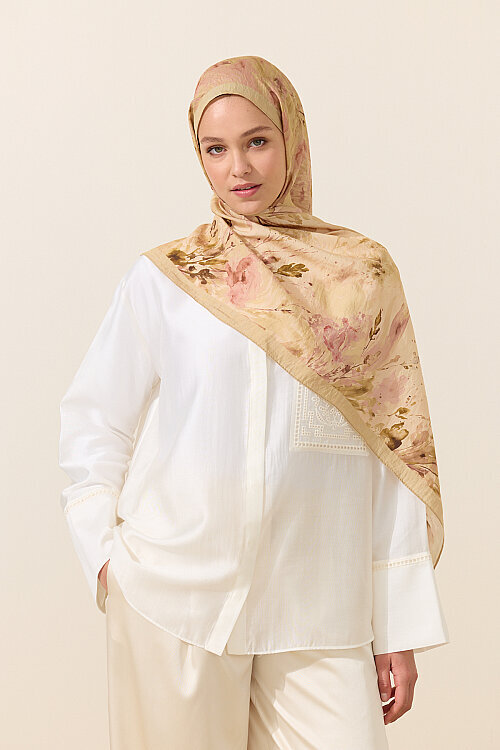 Watercolor Pamuk Viskon Şal - Pembe Sarı - Camellia Scarfs (1)