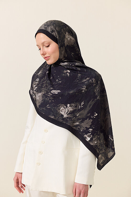 Watercolor Pamuk Viskon Şal - Siyah - Camellia Scarfs (1)