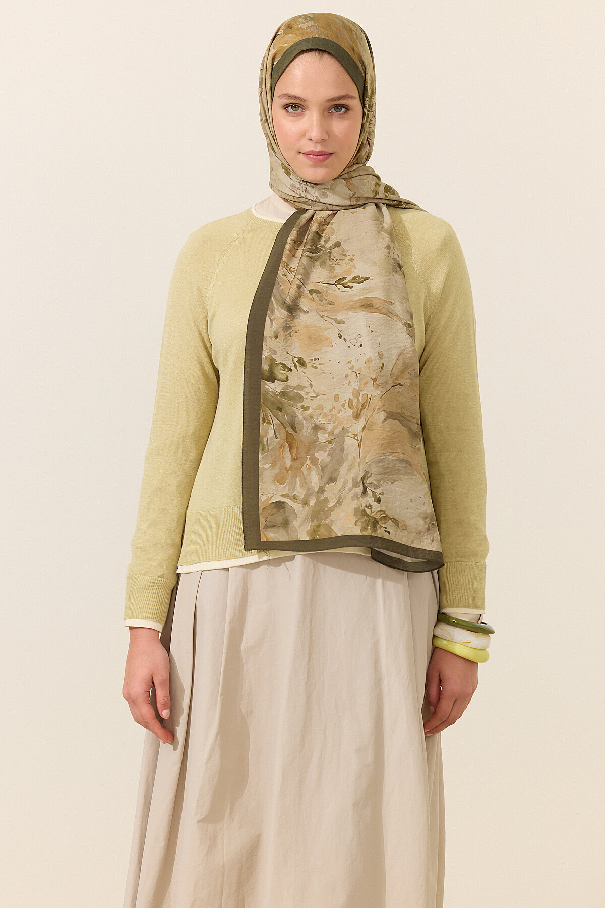 Watercolor Pamuk Viskon Şal - Yağ Yeşili - Camellia Scarfs