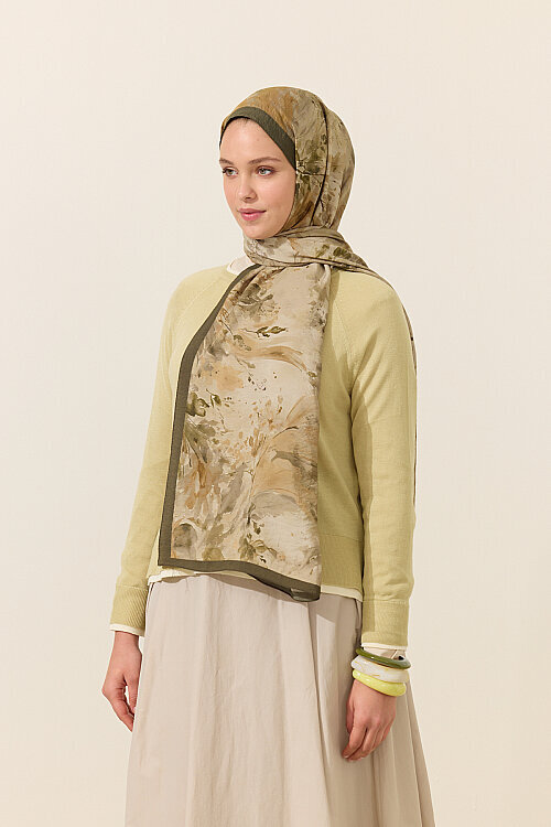 Watercolor Pamuk Viskon Şal - Yağ Yeşili - Camellia Scarfs (1)