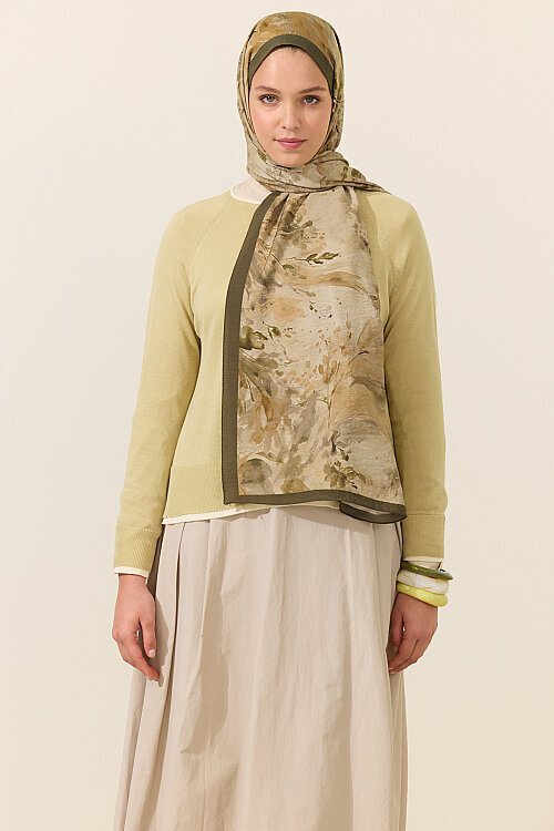 Watercolor Pamuk Viskon Şal - Yağ Yeşili - Camellia Scarfs