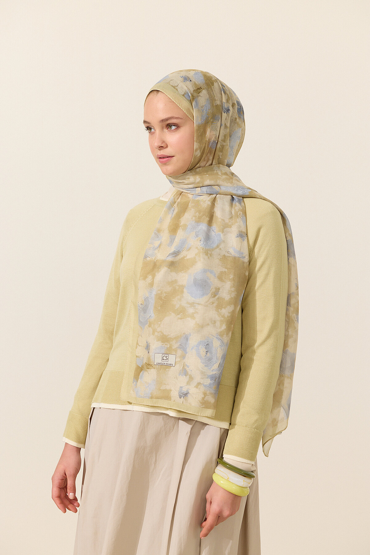 Zenya Soft Pamuk Şal - Sarı Gri - Camellia Scarfs (1)