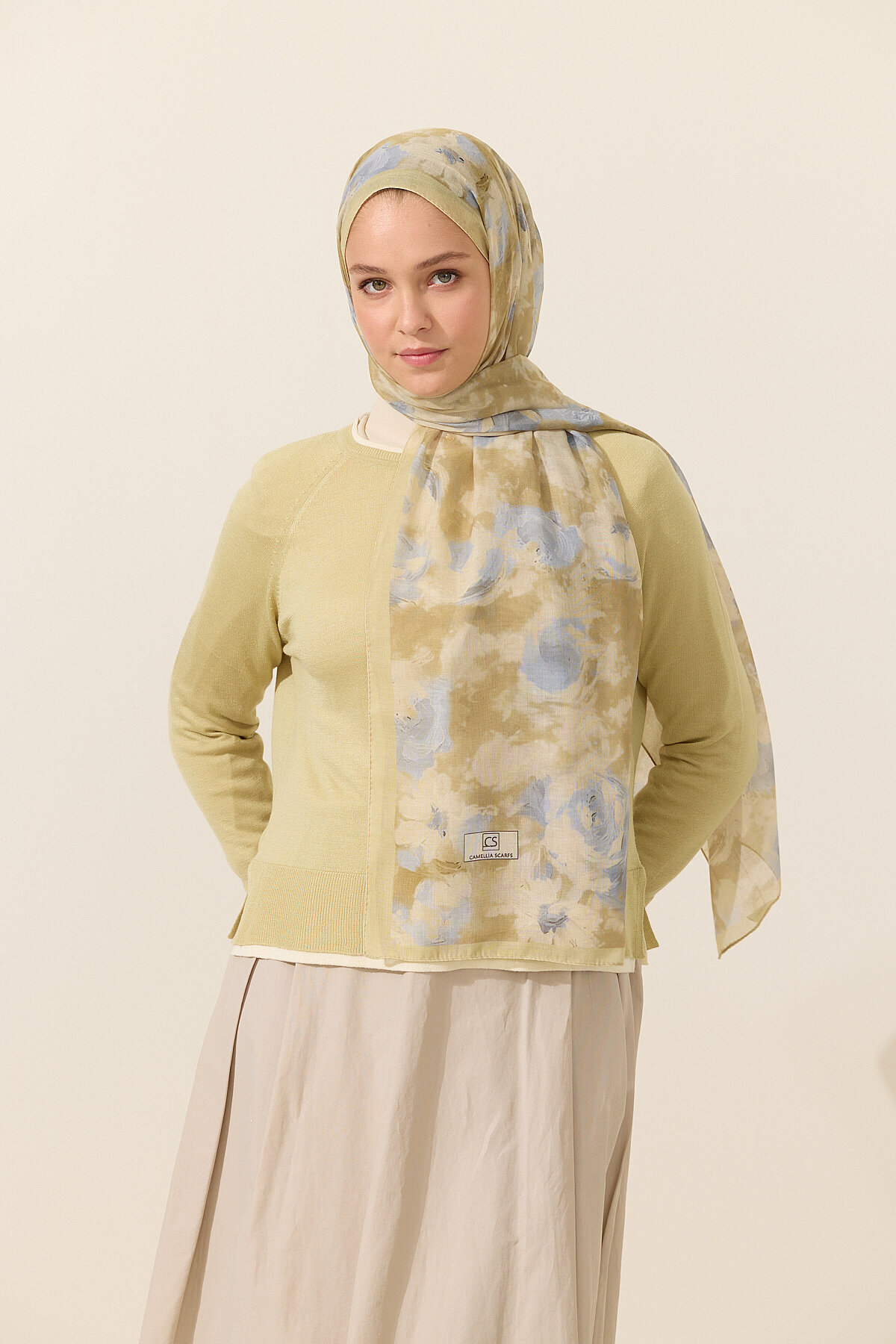 Zenya Soft Pamuk Şal - Sarı Gri - Camellia Scarfs
